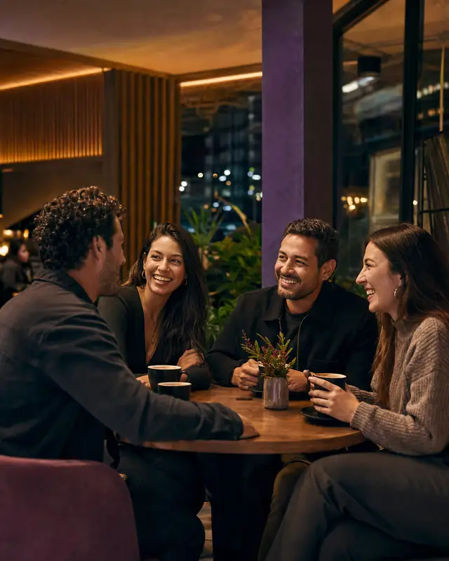 Amigos conversando naturalmente en un café
